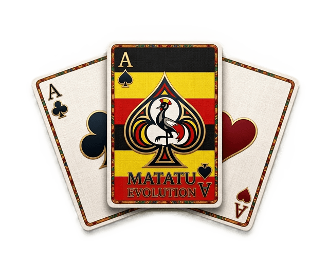Matatu Evolution brand icon featuring three playing cards with the Ugandan Crested Crane