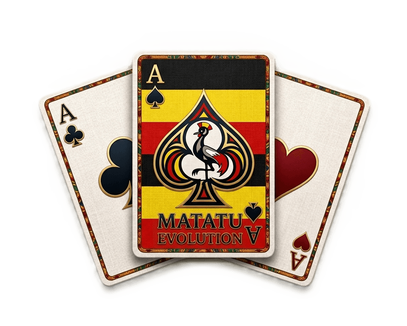 Matatu Evolution — Classic Ugandan card game app icon showing three playing cards with the Crested Crane of Uganda
